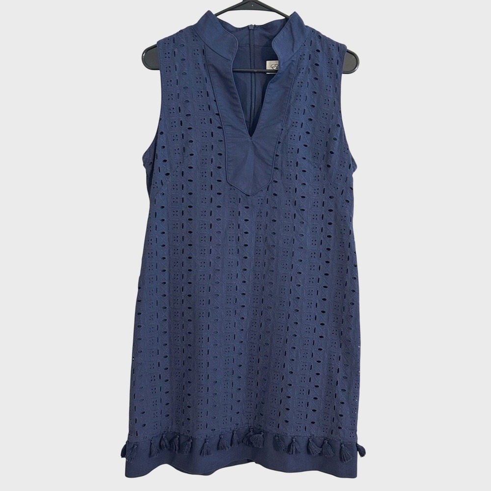 Eliza J Shift Dress Womens 12 Navy Blue Eyelet Embroidered Tassel Hem Sleeveless